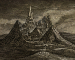 Charcoal pencil sketch of Blys, stronghold of the demon-king Prusias in The Tapestry series