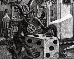 Digital doodle (Procreate on iPad) of a clockwork imp in a fantastical workshop