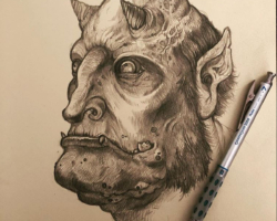 Large pencil sketch of a goblin on toned paper with a pencil to give you a sense of scale