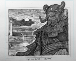 Pencil sketch of a chapter illustration for Impyrium, showing the Lirlander ambassador
