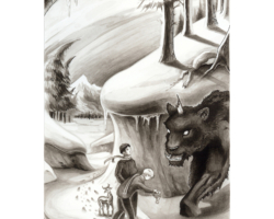 Plate: A Chance Meeting with YaYa - 	
In which Max McDaniels and David Menlo encounter YaYa in the Sanctuary. Crow quill pen and India ink on hot-press watercolor paper; 9” x 6”