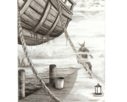 Plate: A Vye on the Docks - In which Max McDaniels sees a chilling sight on the Rowan docks. Crow quill pen and India ink on hot-press watercolor paper; 9” x 6”