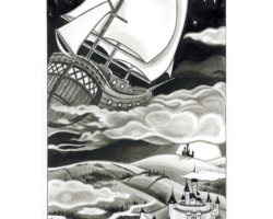 Plate: Arriving in the Sidh - In which Max and David Menlo arrive in the Sidh aboard the Kestrel. Crow quill pen and India ink on hot-press watercolor paper; 9” x 6”