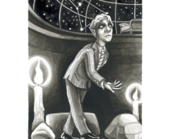 Plate: The Archives - In which Max first visits the Archives, deep beneath Rowan’s campus. Crow quill pen and India ink on hot-press watercolor paper; 9” x 6”