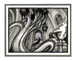 Walpurgisnacht - In which the demons celebrate a high holiday and Astaroth makes an unpleasant discovery. Crow quill pen and India ink on hot-press watercolor paper; 5” x 6.5”
