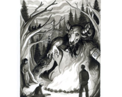Plate: Meeting the Fomorian - In which David tries to solve the Fomorian giant’s riddle while Max and Cooper look on. Crow quill pen and India ink on hot-press watercolor paper; 9” x 6”