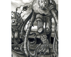 Plate: The Dreadnoughts - In which we see the advance of Prusias’s devastating dreadnoughts. Crow quill pen and India ink on hot-press watercolor paper; 9” x 6”