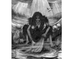 Plate: The Morrígan - In which we stumble upon the Morrígan in her element. Crow quill pen and India ink on hot-press watercolor paper; 9” x 6”